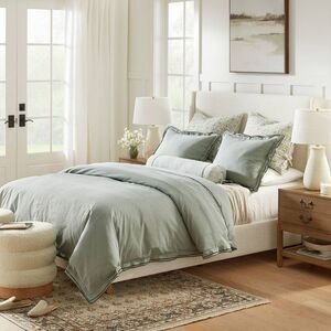 Cal King Double Flange Merrow Stitch Duvet Set - Light Teal/Gray Studio McGee